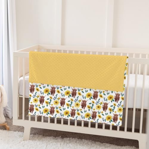 Highland Cow Yellow Sunflowers Baby Blankets for Girl Boy Highland Yak Boho Floral Soft Mink Dotted Backing Double Layer Swaddle Blanket Vintage Farm Animal Bed Throws for Newborn Toddler Crib 30x40 - Image 5
