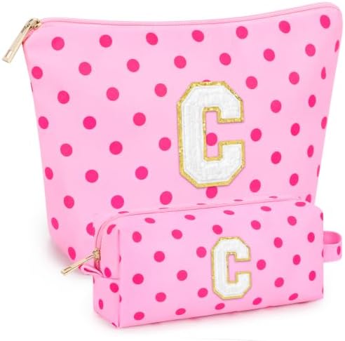 mibasies 2 PCS Initial Makeup Bags for Women: Cosmetic Bag for Travel Toiletry - Birthday Gifts for Teen Girl Gifts Trendy Stuff - Graduation Teacher Gift for Girlfriend -Polka Dot Rose Red C by mibasies