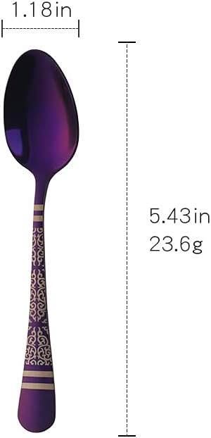 Purple Unique Pattern Design Coffee Espresso Spoons Mini, Mingcheng Stainless Steel Small Teaspoons Silverware Set of 6, BISDARUN 5.5 Inches Food Spoons for Demitasse Dessert Tea