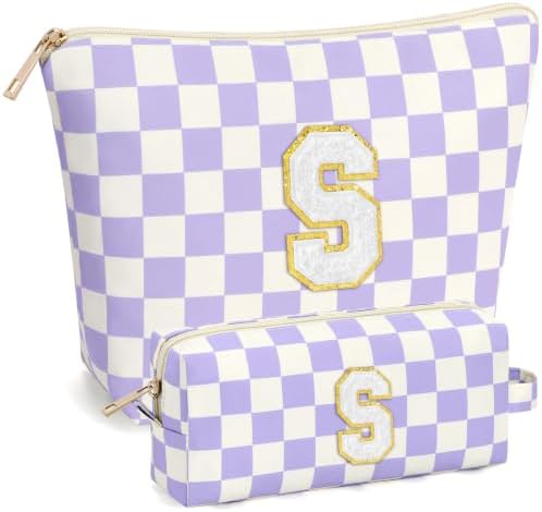 mibasies 2 PCS Initial Makeup Bags for Women: Cosmetic Bag for Travel Toiletry - Birthday Gifts for Teen Girl Gifts Trendy Stuff - Graduation Teacher Gift for Girlfriend -Checkered Purple S by mibasies