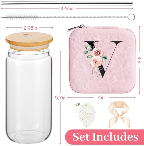AYGXU Initial glass cups with lids and straws,Small Jewelry Box for Girls,Small Jewelry Organizer Box,Cute Tumbler Cup,Travel Gifts for Women,Travel Essentials, Initial V pink - Image 2