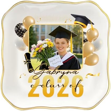 College and High School Graduation Gift for Her, Personalized Graduation Jewelry Dish Class of 2026, Ceramic Ring Tray 4.3x4.3 inches, Customizable Names and Birth Month Flowers by Unknown