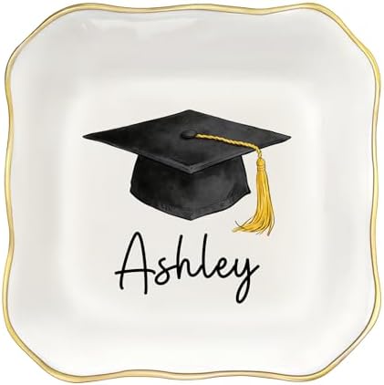 College and High School Graduation Gift for Her, Personalized Graduation Jewelry Dish Class of 2026, Ceramic Ring Tray 4.3x4.3 inches, Customizable Names and Birth Month Flowers by Unknown