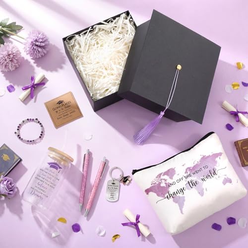 Vesici 8 Pcs Class of 2026 Graduation Gift Box Set for Women Her Grad Cap Box Glass Cup Makeup Bag Bracelet Pen Keychain College High School Graduation Gift for Daughter Sister Friend(Purple) - Image 6