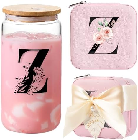 AYGXU glass cups with lids and straws,Tumblers with Brushes,Small Jewelry Organizer Box,Birthday Gifts for Women,Travel Gifts for Girls,high school graduation gifts for her,Initial Z pink by AYGXU