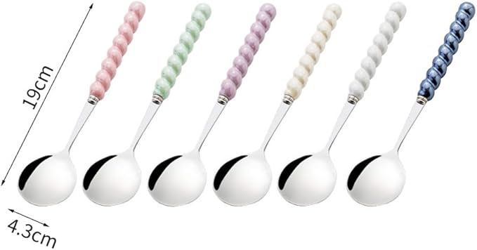(6 Pieces) 7.48 Inch Exquisite Ceramic Spoon Household Stainless Steel Eating and Drinking Soup Spoon Coffee Spoon Tea Spoon (Beige)