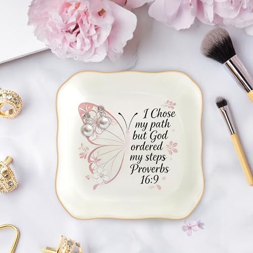 Congratulations Gifts for Women, College Graduation Gifts for Her New Job Gifts - She Believed She Could Jewelry Tray Ceramic Trinket Dish Inspirational Promotion Gift for Coworker (Pink butterfly) - Image 3