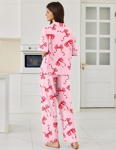 Ekouaer Women Pajamas Set Button Down Sleepwear Short Sleeve Pjs Long Pants - Image 2