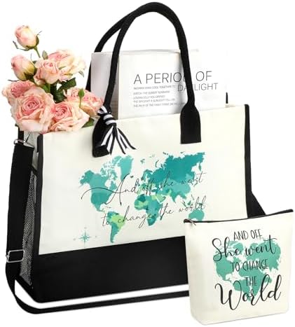 2 Pcs Inspirational Canvas Tote Bag and Makeup Bag Set, Gift Bags Present for Women, Motivational World Map Xmas Gift for Her, Christmas Birthday Holiday Thank You for Daughter Sister Friend by Locmeo