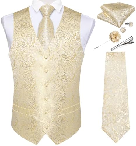 DiBanGu Mens Vest and Tie Set Formal Paisley Waistcoat and Necktie Pocket Square Cufflinks Silk Suit Vest for Tuxedo Wedding by DiBanGu
