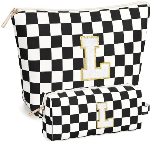 mibasies 2 PCS Initial Makeup Bags for Women: Cosmetic Bag for Travel Toiletry - Birthday Gifts for Teen Girl Gifts Trendy Stuff - Graduation Teacher Gift for Girlfriend -Checkered Black L by mibasies