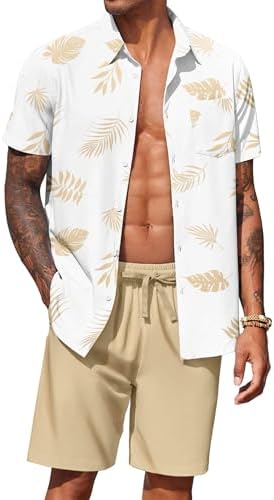 COOFANDY Men's Hawaiian 2 Piece Outfits Floral Button Down Shirt and Shorts Vacation Outfits Summer Beach Matching Set by COOFANDY