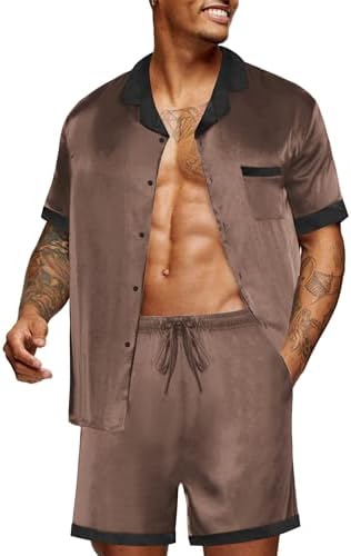 Ekouaer Men Silk Pajamas Set 2 Pieces Satin Pj Button Down Loungewear Sets by EKOUAER
