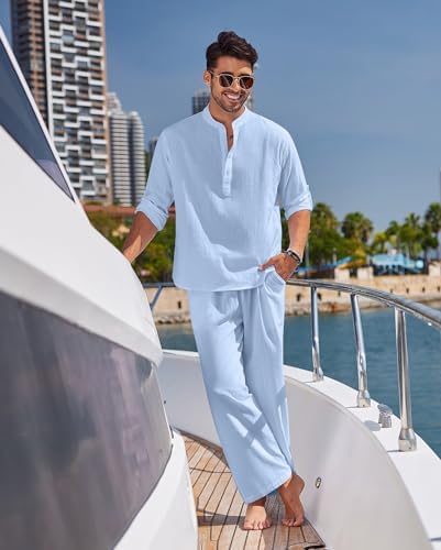 COOFANDY Men’s 2 Piece Cotton Linen Set Casual Beach Outfits Long Sleeve - Image 2
