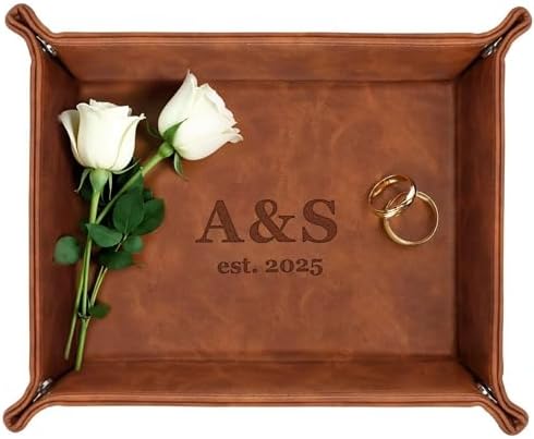 Personalized Engraved Leather Valet Tray with Custom Text, Engraved Gift for Couples – Custom Leather Catchall Organizer for Men & Women Wedding by CustomEmpire