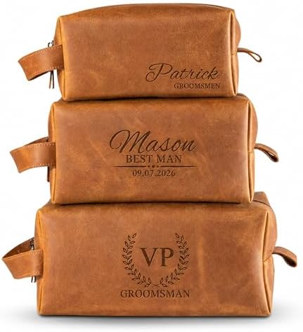 Groomsmen Gifts, Personalized Leather Toiletry Bag for Men, Idea for Groomsman, Travel Pouch for Him, Husband, Dad, Grandpa, Boyfriend, Birthday, Retirement, Anniversary, Wedding, Father Day Gift by PrincetonCraft