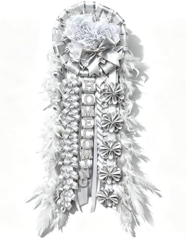 31'' Advanced Large Homecoming Mum Supplies Luxury Silk Homecoming Mum Flower with White Feather Silver Glitter Satin Ribbon Senior Night Back to School Week Party Decor by Unknown