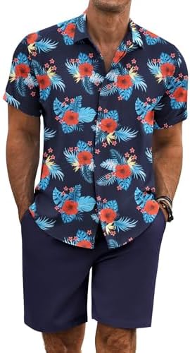 COOFANDY Men's Summer Beach Outfits 2 Piece Short Sleeve Shirts and Shorts Vacation Texture Linen Sets for Men by COOFANDY