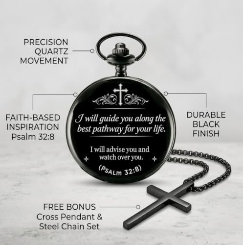Udaney Jofanvin Christian Gifts for Men, Bible Verse Engraved Pocket Watch and Cross Necklace Set, Religious Graduation Baptism Birthday Gift for Son Grandson Dad, - Image 2