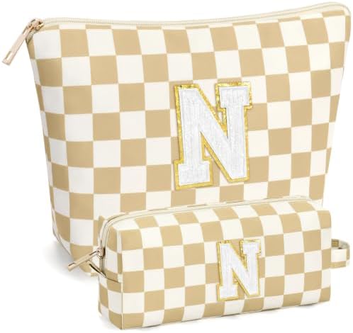 mibasies 2 PCS Initial Makeup Bags for Women: Cosmetic Bag for Travel Toiletry - Birthday Gifts for Teen Girl Gifts Trendy Stuff - Graduation Teacher Gift for Girlfriend -Checkered Brown N by mibasies