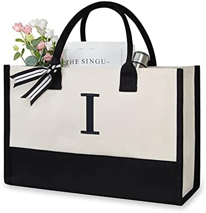 TOPDesign Personalized Initial Canvas Beach Bag, Monogrammed Gift Tote Bag for Women by TOPDesign