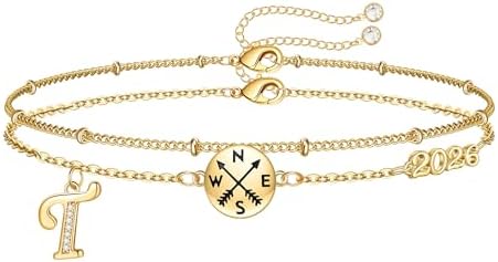 Hidepoo Graduation Gifts for Her, 14K-Gold-Plated Initial Compass Bracelet by HIDEPOO