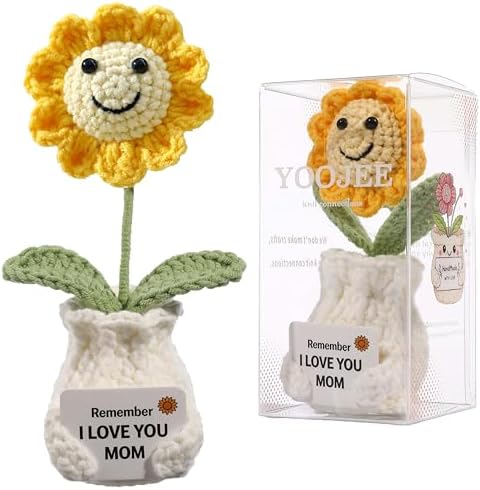 Crochet Sunflower Gift for Mom from Daughter Son, “I Love You Mom” Handmade Flower, Cute Desk Decor, Appreciation Ready-to-Gift with Box by YOOJEE