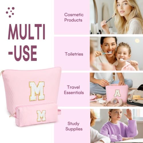 mibasies 2 PCS Initial Makeup Bags for Women: Cosmetic Bag for Travel Toiletry - Birthday Gifts for Teen Girl Gifts Trendy Stuff - Graduation Teacher Gift for Girlfriend -Lattice Pink M - Image 4