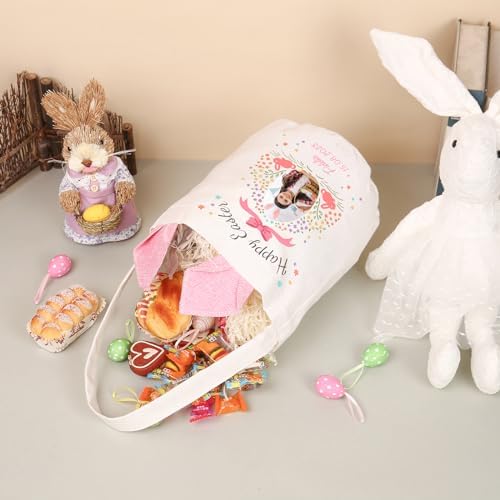 Personalized Bunny Ears Bucket Bag with Custom Name Photo-Easter Bag with Handle-Soft Egg Basket for Kids -Customized Easter Basket-Great for Carrying Gift Easter Eggs (Pink-Photo) - Image 5