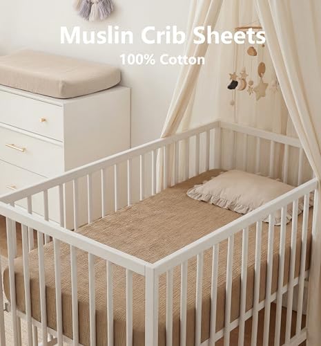 Muslin Crib Sheets, 2 Pack, Fitted for 52"x28" Crib Mattress, Brown & Beige - Image 2