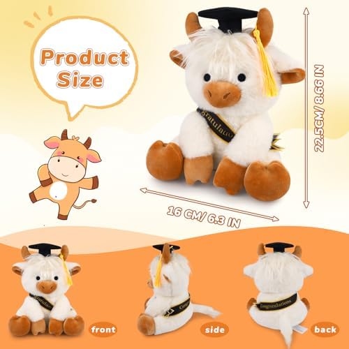 2026 Graduation Highland Cow Plush Toy- 8inch White Highland Cow - Image 3