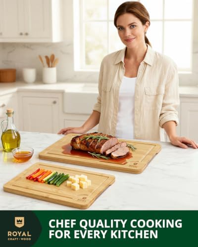 ROYAL CRAFT WOOD Wooden Cutting Boards for Kitchen Meal Prep & Serving - Bamboo Wood Serving Board Set with Deep Juice Groove Side Handles - Charcuterie & Chopping Butcher Block for Meat - Image 7