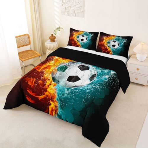 Erosebridal Soccer Bedding Full,Ice Flame Soccer Comforter Set Playroom Sports Bed Sets Football Themed Duvet Insert 3 Pieces - Image 2