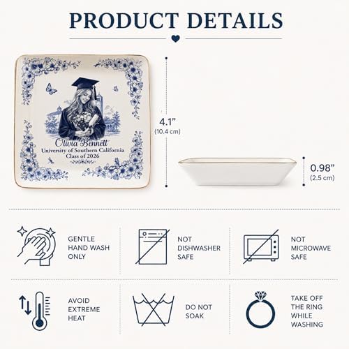 Wrappiness Personalized Graduation Trinket Tray for Girl Women - Custom Photo Toile de Jouy Custom College High School Ring Dish Grad for Daughter, Class of 2026 Graduation Gift for Her Jewelry Dish - Image 6