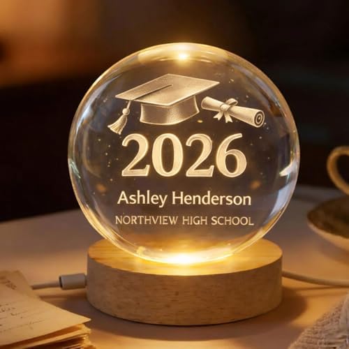 Daty Personalized 3D Graduation Crystal Ball LED Night Light Class of 2026, Laser Engraved Crystal Sphere Keepsake Gift for High School Graduate1 by Daty