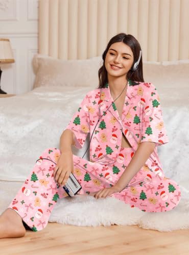 Ekouaer Women Pajamas Set Button Down Sleepwear Short Sleeve Pjs Long Pants - Image 4