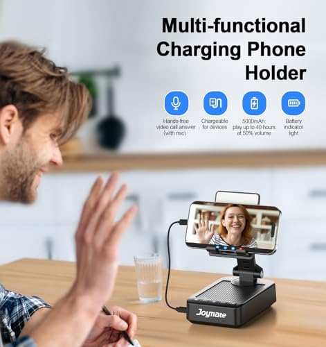 Gifts for Men Women, Phone Stand with Bluetooth Speaker and Charging Function 360° Rotable Angle Adjustable Cell Phone Holder with HD Stereo Sound Fits All Phones,Tablet (Black) - Image 2