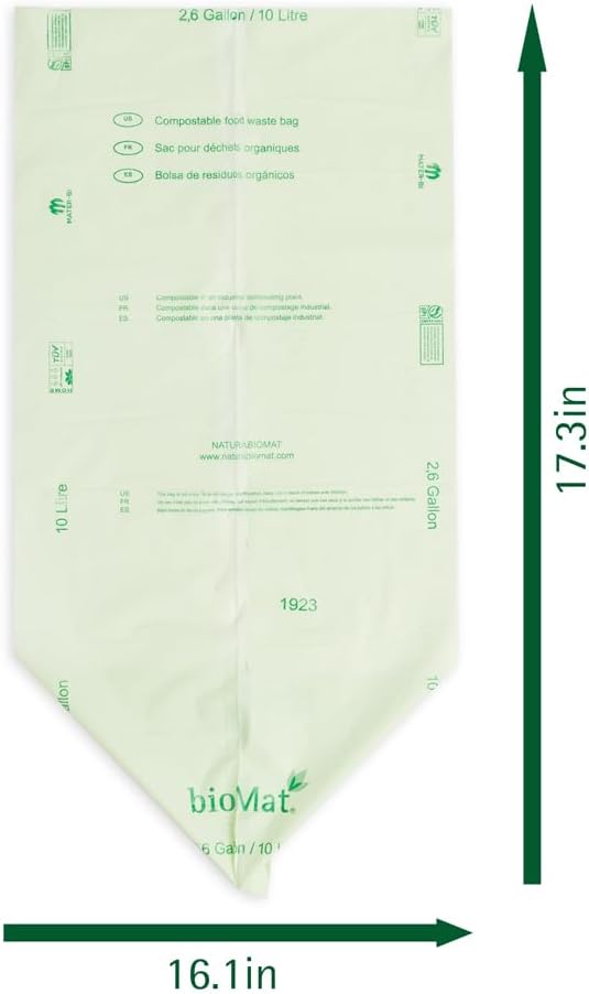 bioMat 2.6 Gallon Compostable Food Scrap Bags, 125 Count, Compost Bags for Countertop Bins, BPI ASTM D6400 and CMA Certified Small Trash Bags