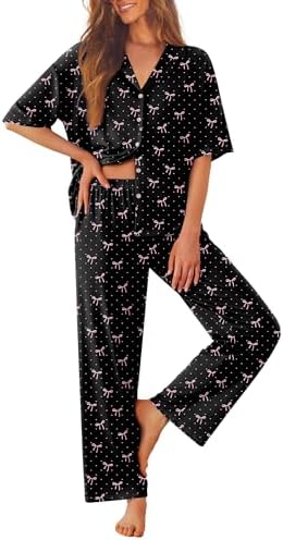 Ekouaer Women Pajamas Set Button Down Sleepwear Short Sleeve Pjs Long Pants by EKOUAER