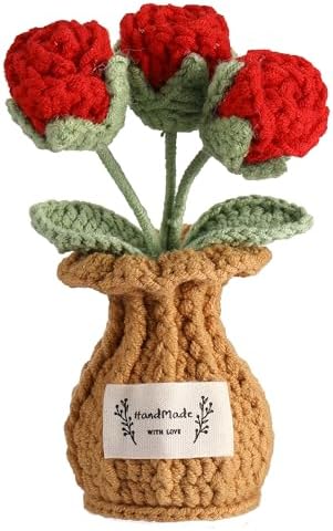 Crochet Rose Flower Potted Plant – Red, Valentines Day Gift for Her, Handmade Knitted Romantic Desk Decor by YOOJEE