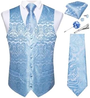 DiBanGu Mens Vest and Tie Set Formal Paisley Waistcoat and Necktie Pocket Square Cufflinks Silk Suit Vest for Tuxedo Wedding by DiBanGu