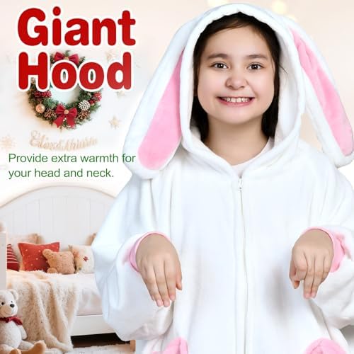 Waitu Rabbit Wearable Blanket Hoodie Funny Halloween Costumes Easter Gifts for Women Men Boys Girls, Rabbit Hooded Blanket Flannel Zipper Hoodie Blanket Birthday Gifts for Teens (Kid, White) - Image 3