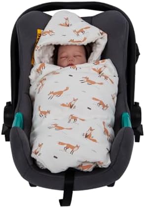 HOUSBAY Baby Blanket Newborn with Hooded Windproof Warm Portable Swaddle Wrap for Basket Safety Seats, Beige, 35.5''x35.5'', Minky Dot and 100% Cotton Fox Printed - Image 3
