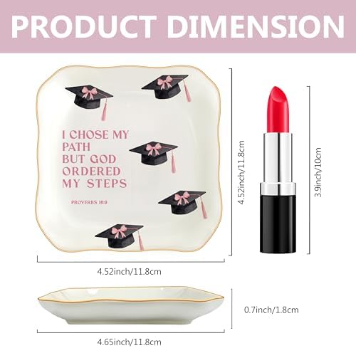 Congratulations Gifts for Women, College Graduation Gifts for Her New Job Gifts - She Believed She Could Jewelry Tray Ceramic Trinket Dish Inspirational Promotion Gift for Coworker (Graduation-Pink) - Image 2