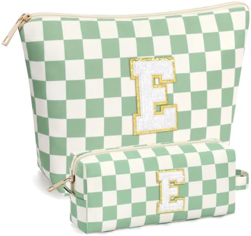 mibasies 2 PCS Initial Makeup Bags for Women: Cosmetic Bag for Travel Toiletry - Birthday Gifts for Teen Girl Gifts Trendy Stuff - Graduation Teacher Gift for Girlfriend -Checkered Green E by mibasies