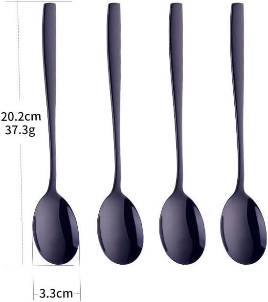 Metal Round Spoons, 8 inch Stainless Steel Reusable Long Handle Korean Soup Spoons, Table Dinner Desert Spoon Set of 8 (Black)