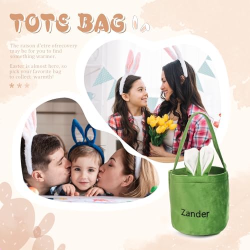 Personalized Bunny Ears Bucket Bag with Custom Name Photo-Easter Bag with Handle-Soft Egg Basket for Kids -Customized Easter Basket-Great for Carrying Gift Easter Eggs (Green-r) - Image 4