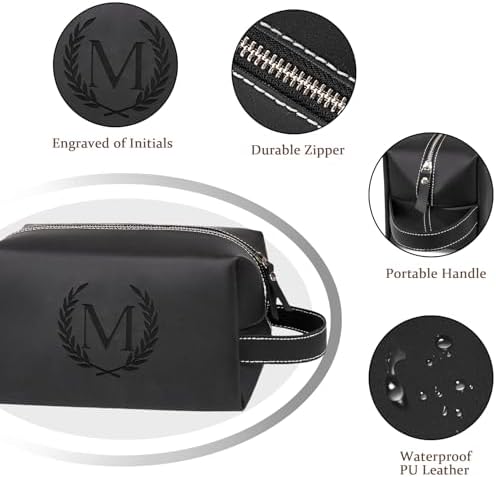 Personalized Gifts Travel Toiletry Bag for Men Engraved Initial PU Leather Waterproof Shaving Bag for Toiletries Accessories Fathers Day Birthday Gift for Men Dad Husband Son, Black Q - Image 4