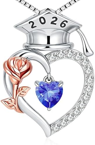 SLOONG College Graduation Gifts for Her, S925 Sterling Silver Heart Birthstone Graduation Cap Rose Necklace, Class of 2026 High School College Graduation Gifts for Her by sloong