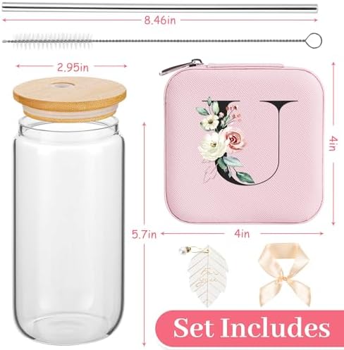 AYGXU Travel Gifts for Women Girls,Small Jewelry Organizer Box,Bridesmaid Proposal Gifts,glass cup with bamboo lid and straw,aesthetic cups,coffee cups,Graduation Gifts for Her Initial U pink - Image 2